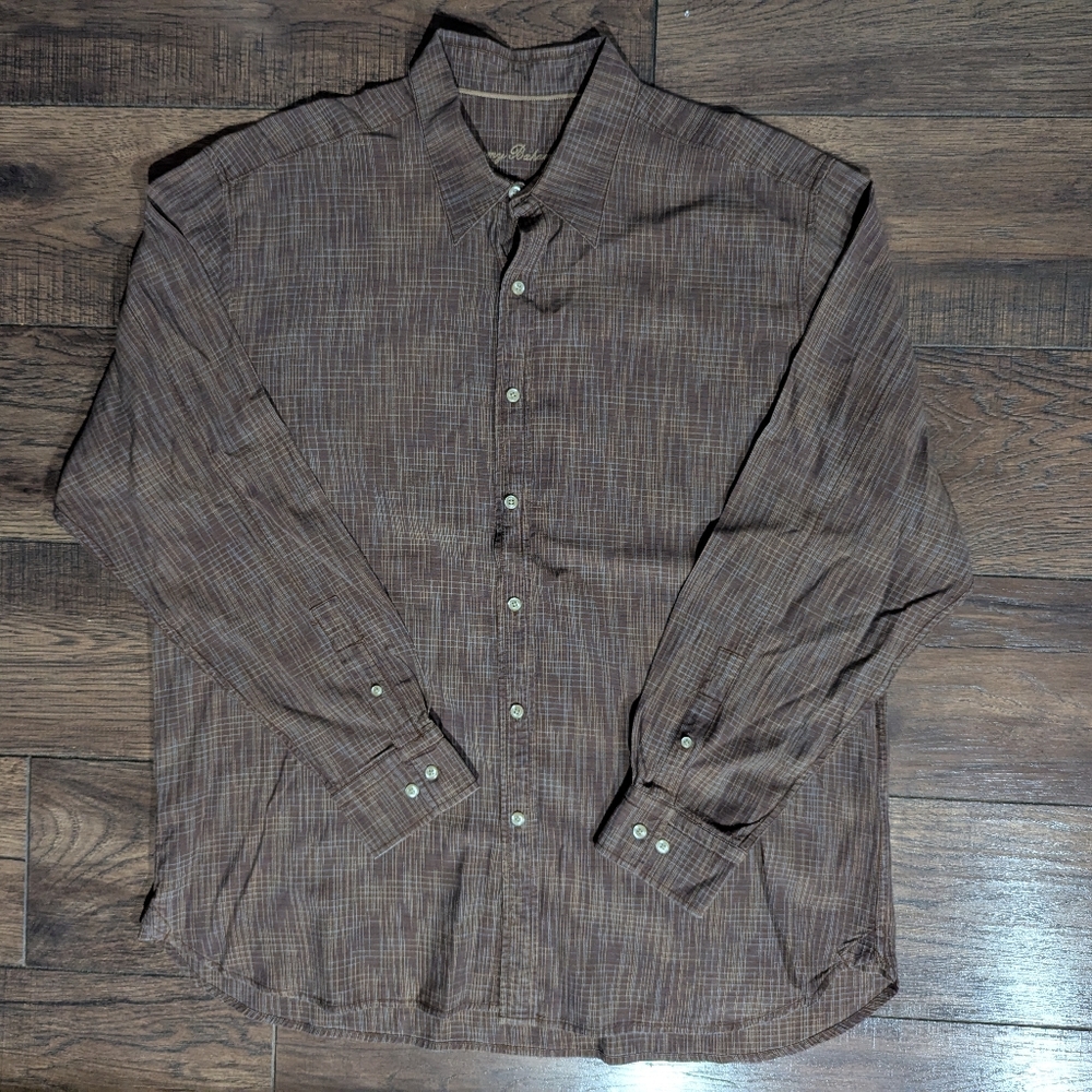 Tommy Bahama Men's Size XL Brown Beige Blue Striped Long Sleeve Button Up Shirt